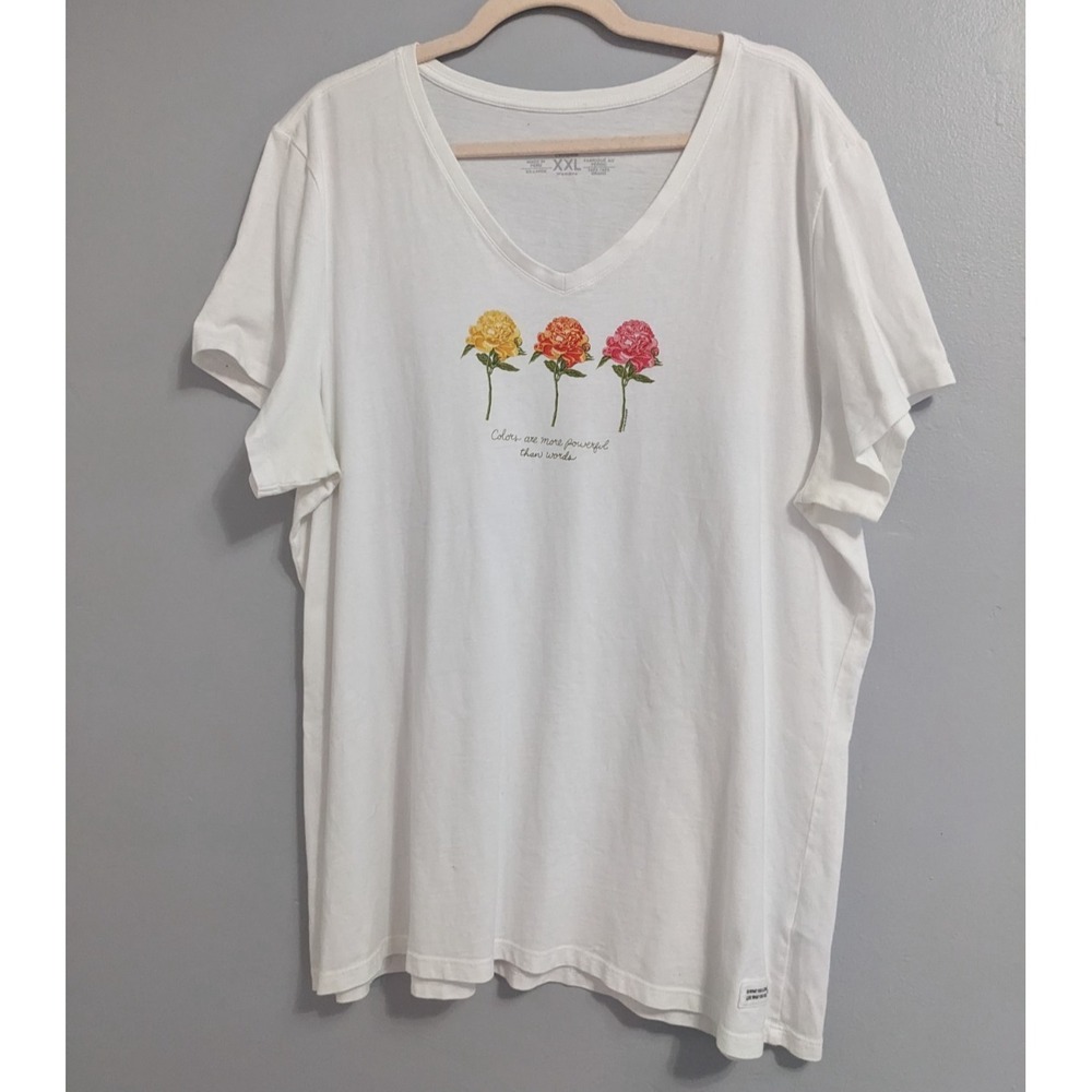 Life Is Good 3 Botanical Peonies Short Sleeve Women's  V-Neck Tee White XXL